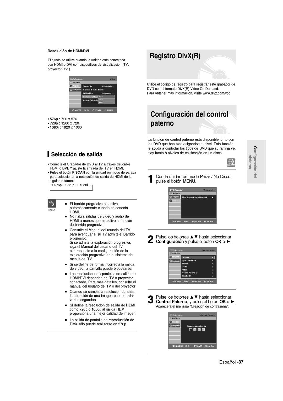 Samsung DVD-R135/XEB manual Registro DivXR, Configuración del control paterno, Selección de salida, Resolución de HDMI/DVI 