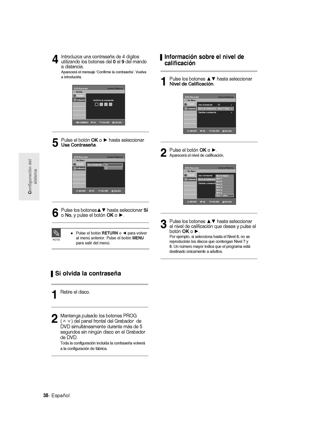 Samsung DVD-R135/XEF, DVD-R135/XEG Si olvida la contraseña, Información sobre el nivel de calificación, Retire el disco 