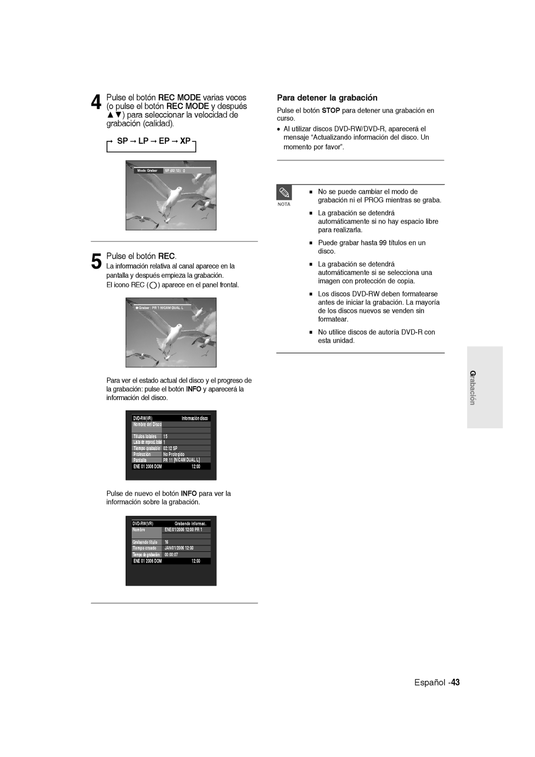 Samsung DVD-R135/XEU, DVD-R135/XEG, DVD-R135/XEB manual Para detener la grabación, Pulse el botón REC, Momento por favor 