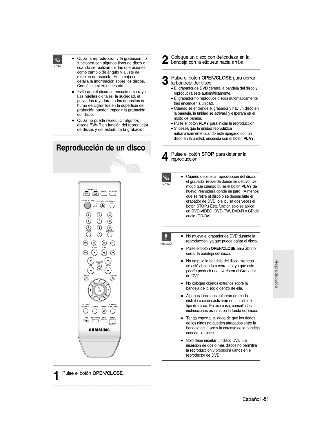 Samsung DVD-R135/XEO Reproducción de un disco, Pulse el botón Stop para detener la reproducción, Pulse el botón OPEN/CLOSE 