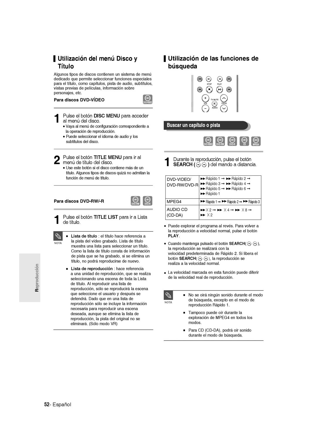 Samsung DVD-R135/XEU, DVD-R135/XEG manual Utilización del menú Disco y Título, Utilización de las funciones de búsqueda 