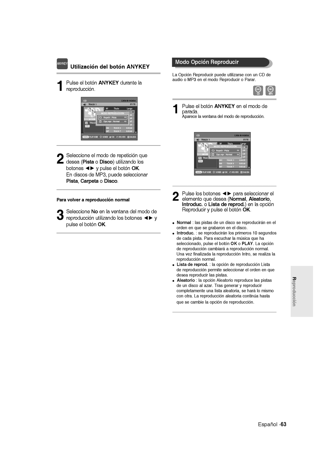 Samsung DVD-R135/XEG, DVD-R135/XEB, DVD-R135/XEF manual Modo Opción Reproducir, Pulse el botón Anykey en el modo de parada 