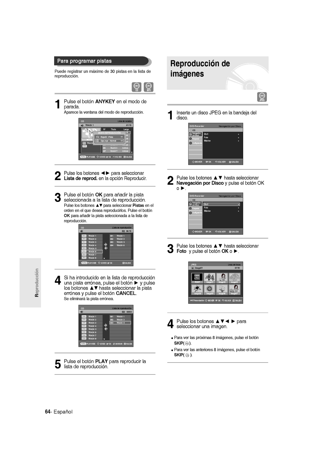 Samsung DVD-R135/XEB manual Reproducción de imágenes, Para programar pistas, Inserte un disco Jpeg en la bandeja del disco 