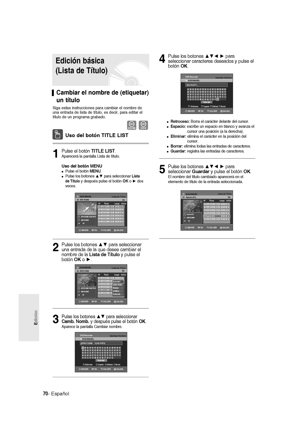 Samsung DVD-R135/XEU manual Edición básica Lista de Título, Cambiar el nombre de etiquetar un título, Uso del botón Menu 