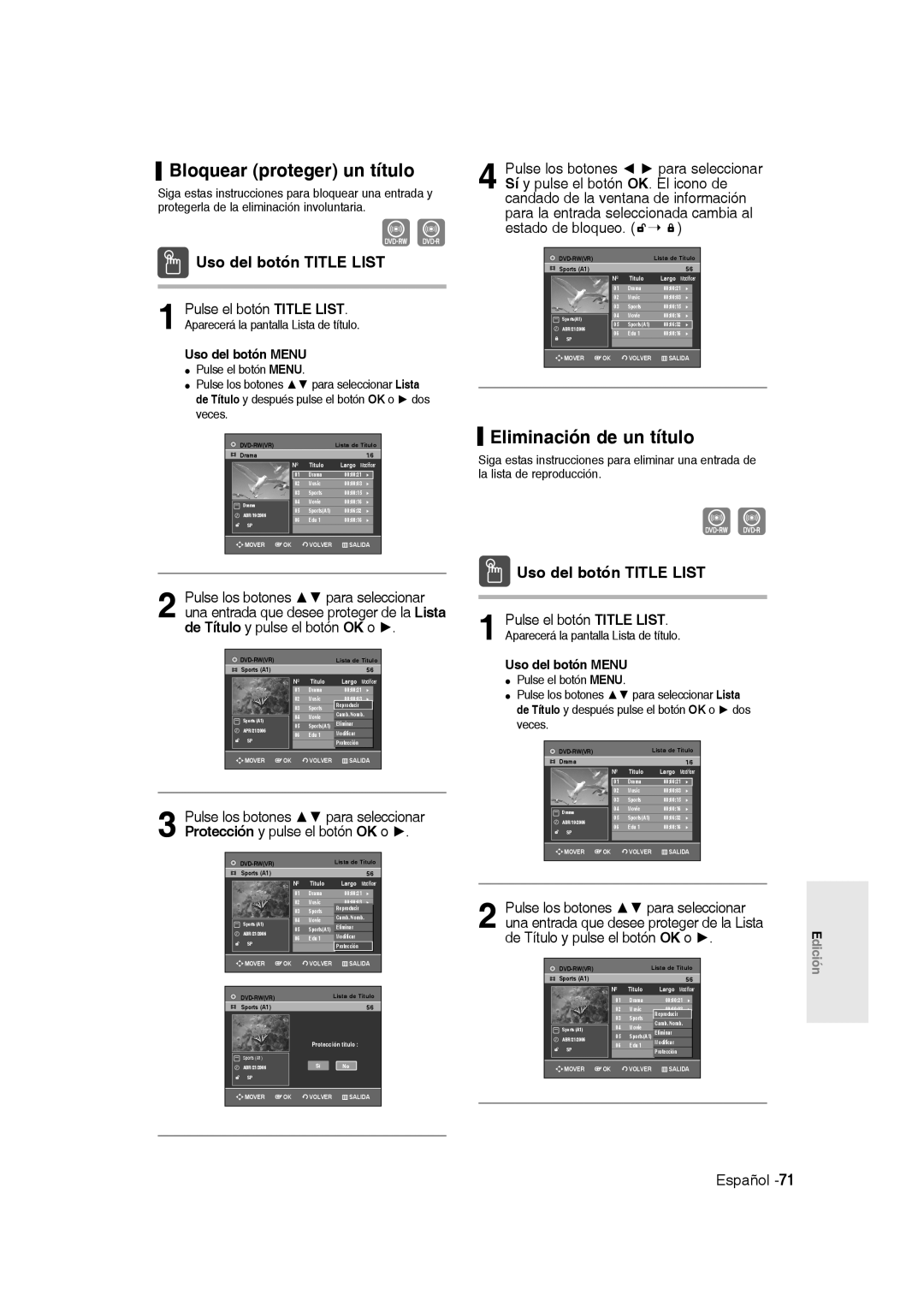Samsung DVD-R135/XEH, DVD-R135/XEG Bloquear proteger un título, Eliminación de un título, De Título y pulse el botón OK o 