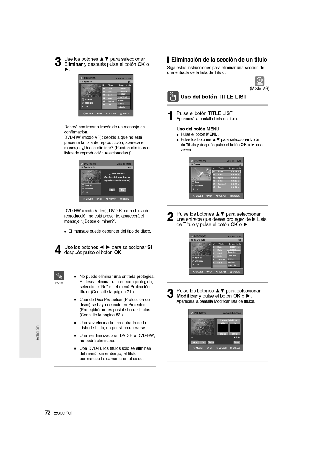 Samsung DVD-R135/XEG manual Eliminación de la sección de un titulo, Deberá confirmar a través de un mensaje de confirmación 