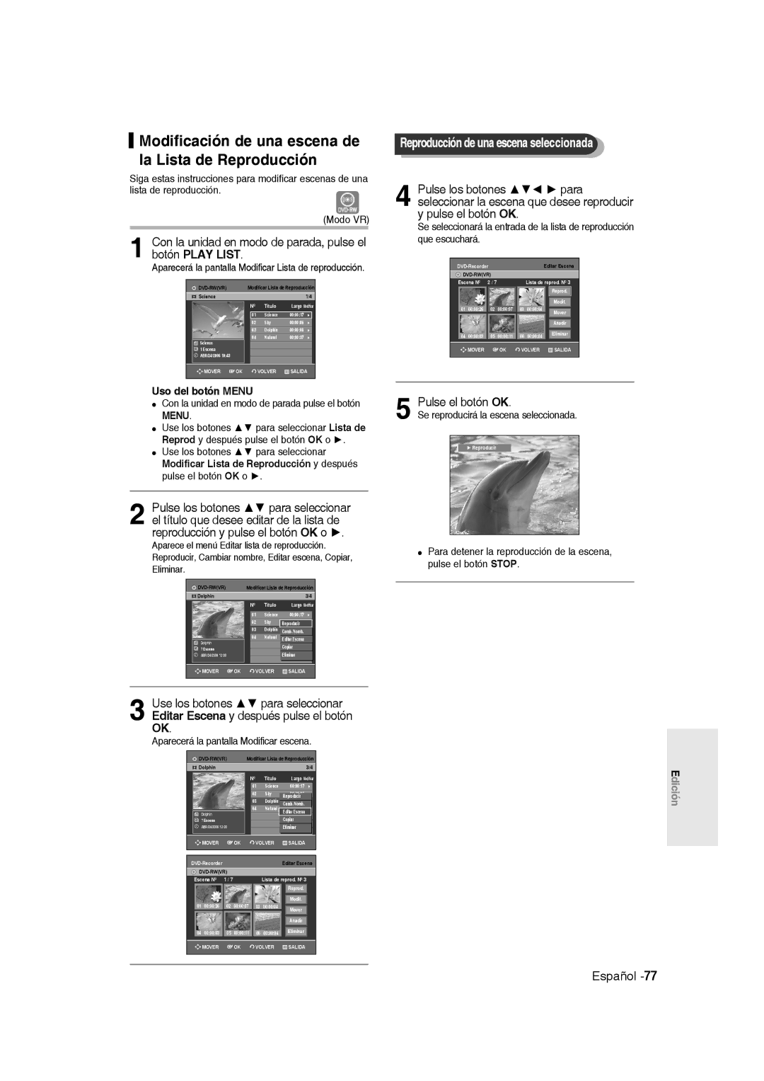 Samsung DVD-R135/XEC manual Modificación de una escena de la Lista de Reproducción, Reproducción de una escena seleccionada 