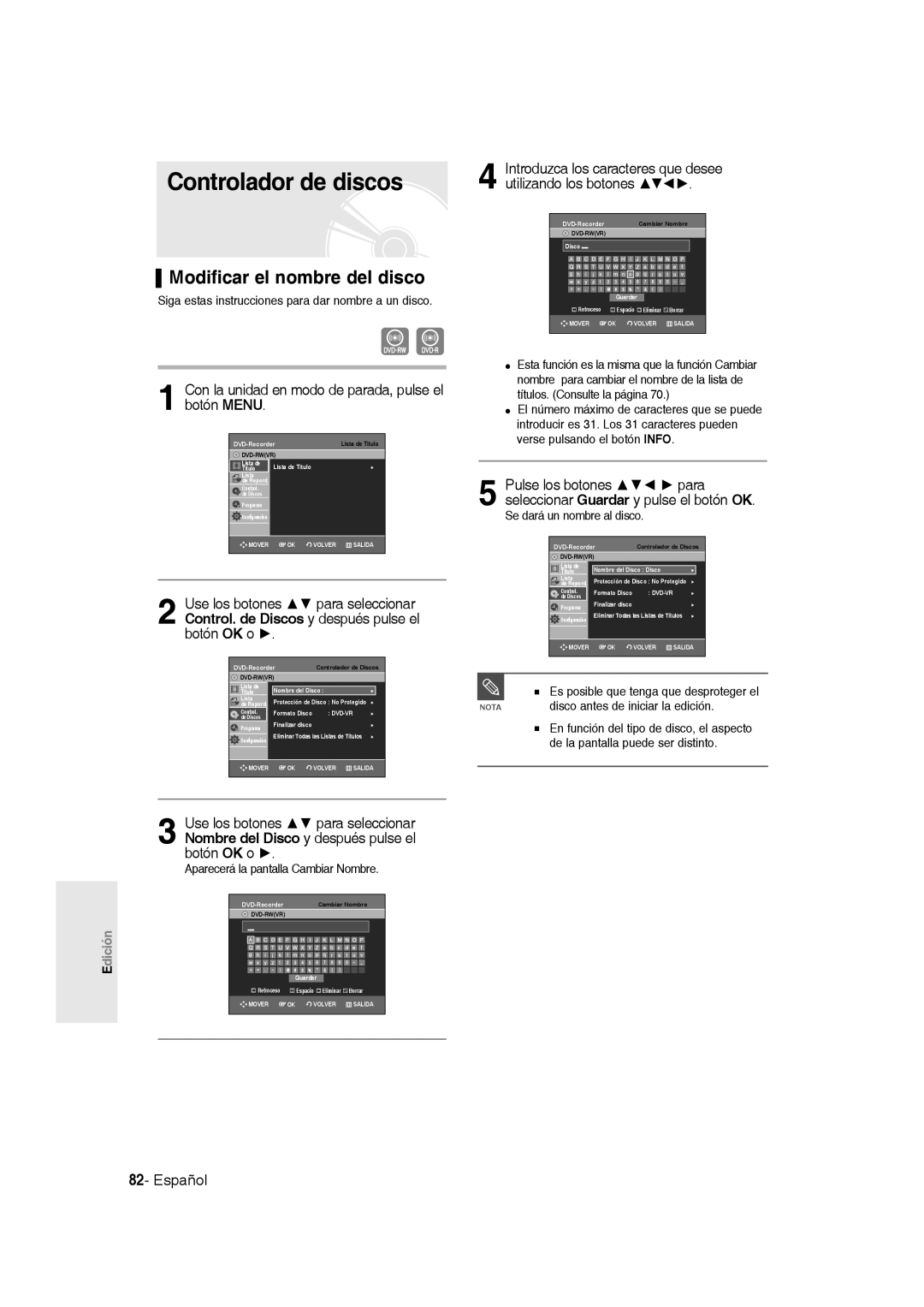 Samsung DVD-R135/XEB, DVD-R135/XEG, DVD-R135/XEF, DVD-R135/EUR manual Controlador de discos, Modificar el nombre del disco 