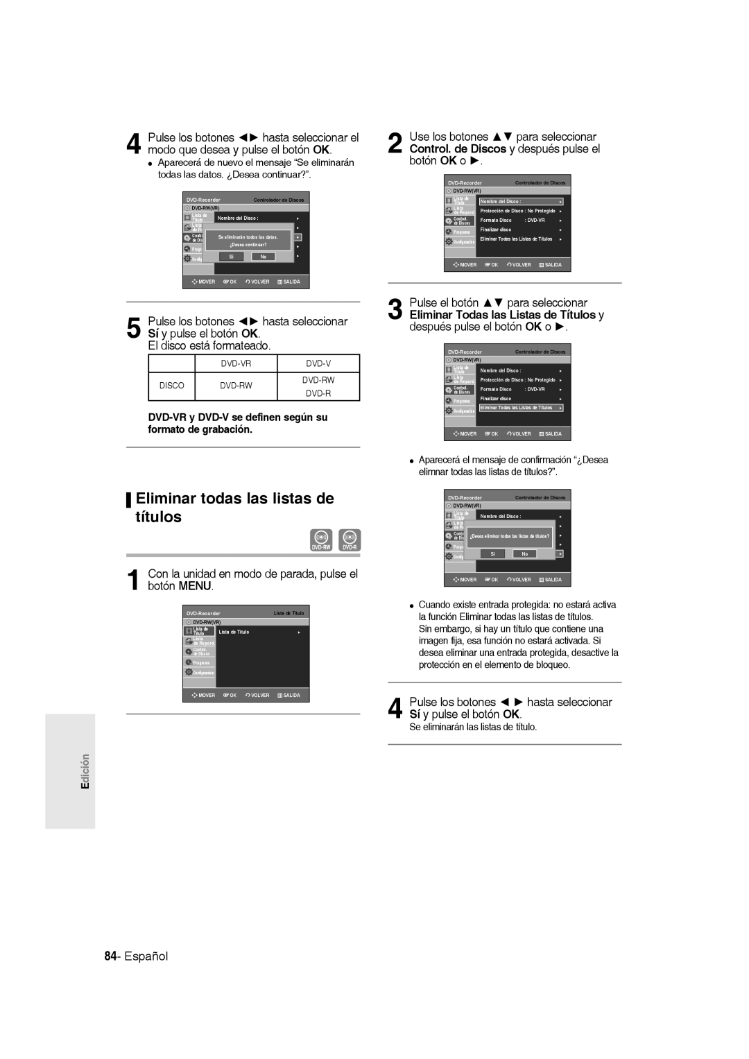 Samsung DVD-R135/EUR manual Eliminar todas las listas de títulos, DVD-VR y DVD-V se definen según su formato de grabación 