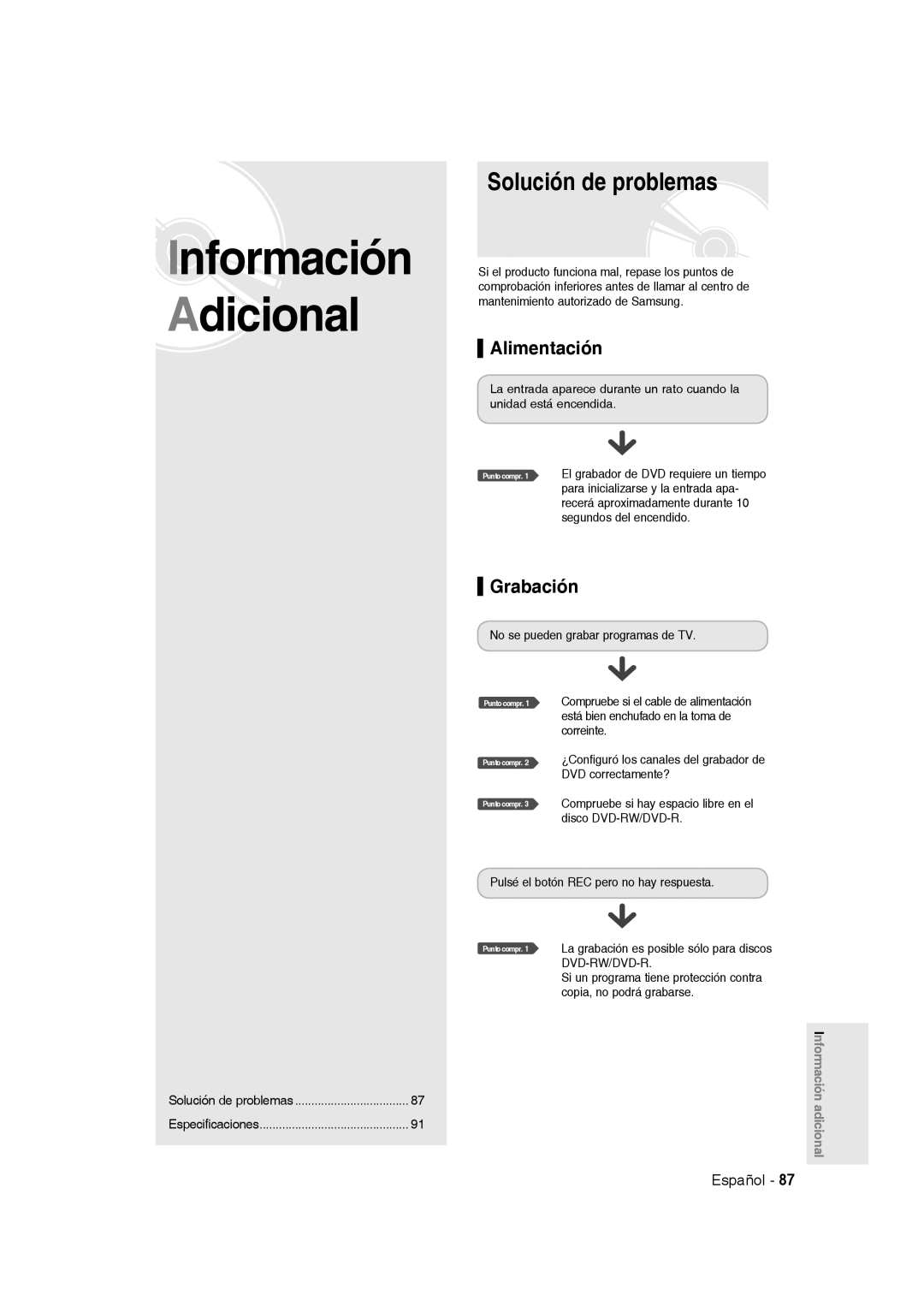 Samsung DVD-R135/XEO, DVD-R135/XEG, DVD-R135/XEB, DVD-R135/XEF, DVD-R135/EUR Solución de problemas, Alimentación, Grabación 