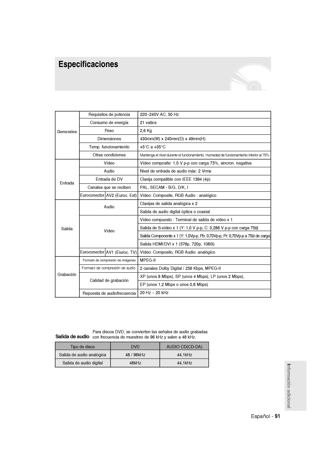 Samsung DVD-R135/XEB, DVD-R135/XEG, DVD-R135/XEF, DVD-R135/EUR, DVD-R135/XEE, DVD-R135/XEC, DVD-R135/XEO manual Especificaciones 