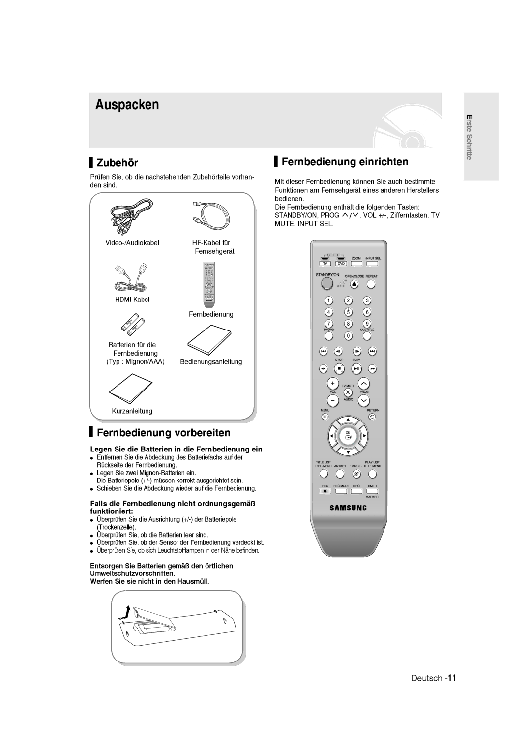 Samsung DVD-R135/XEB, DVD-R136/XEG, DVD-R135/XEG Auspacken, Zubehör, Fernbedienung vorbereiten, Fernbedienung einrichten 