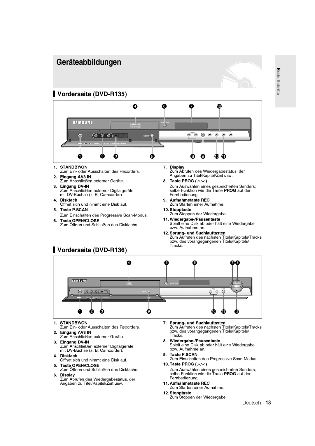 Samsung DVD-R135/XEG, DVD-R136/XEG, DVD-R135/XEB manual Geräteabbildungen, Vorderseite DVD-R135, Vorderseite DVD-R136 