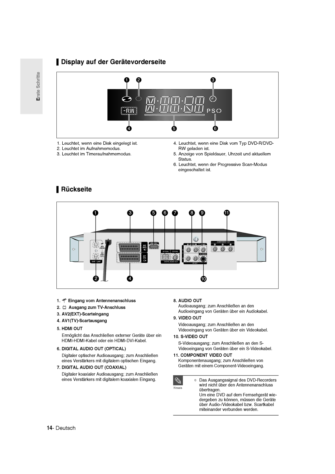 Samsung DVD-R135/XEB, DVD-R136/XEG, DVD-R135/XEG manual Display auf der Gerätevorderseite 