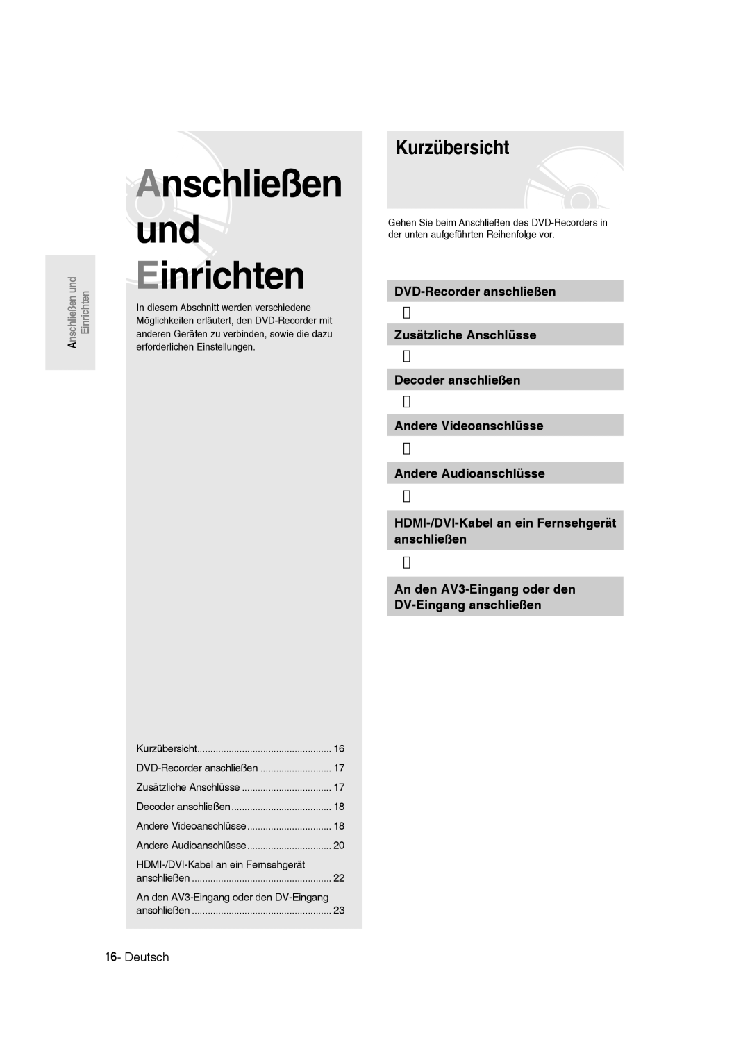 Samsung DVD-R135/XEG, DVD-R136/XEG, DVD-R135/XEB manual Kurzübersicht, An den AV3-Eingang oder den DV-Eingang anschließen 