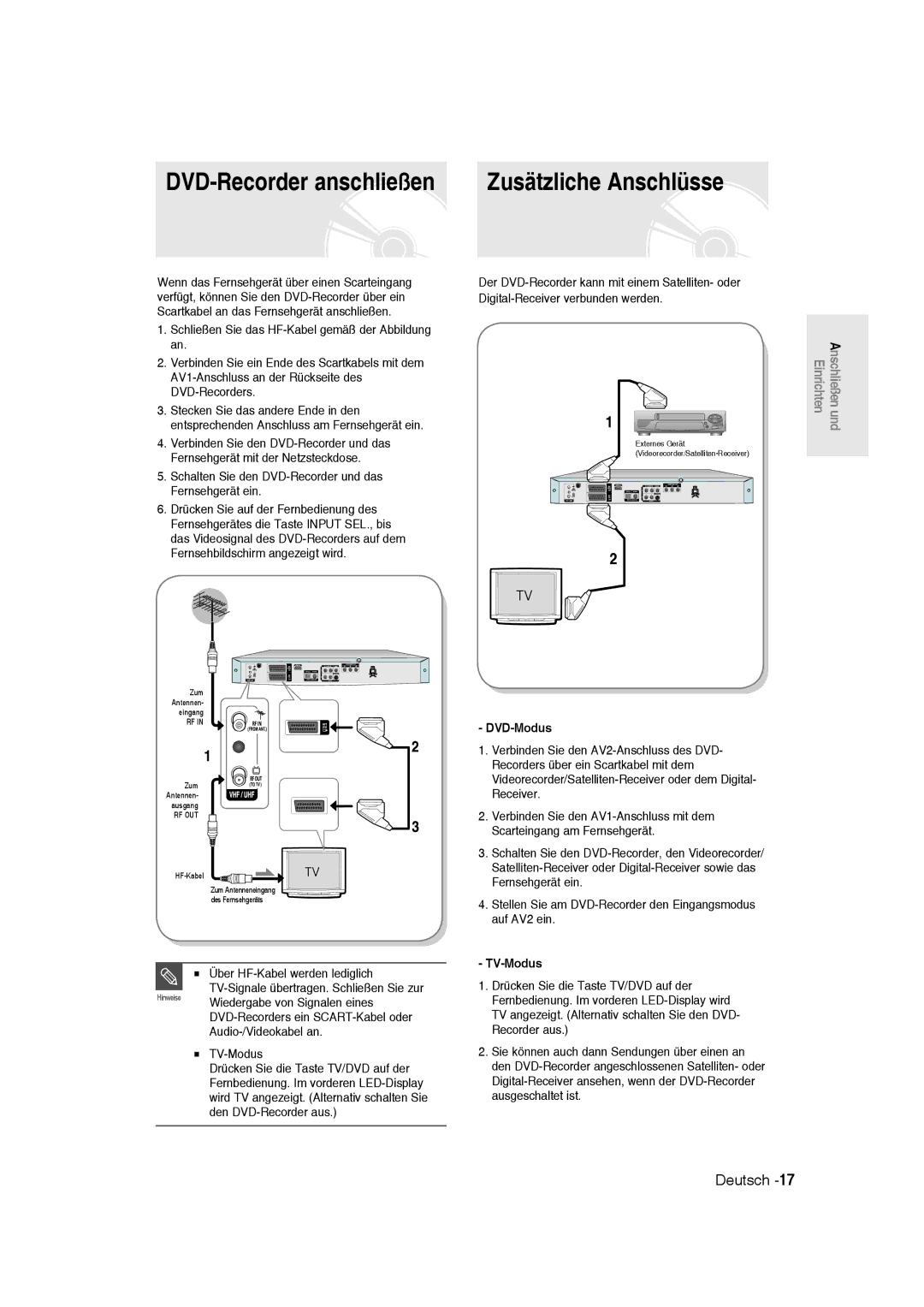 Samsung DVD-R135/XEB, DVD-R136/XEG, DVD-R135/XEG manual Zusätzliche Anschlüsse, DVD-Modus, TV-Modus 