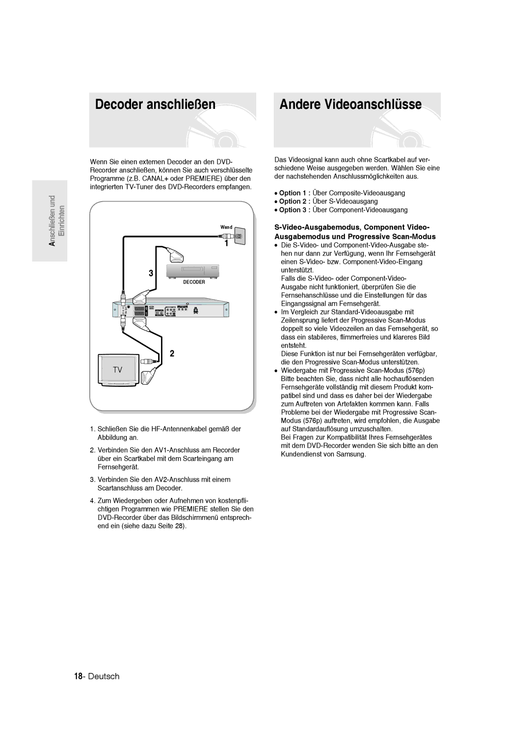 Samsung DVD-R136/XEG, DVD-R135/XEG, DVD-R135/XEB manual Decoder anschließen, Andere Videoanschlüsse 