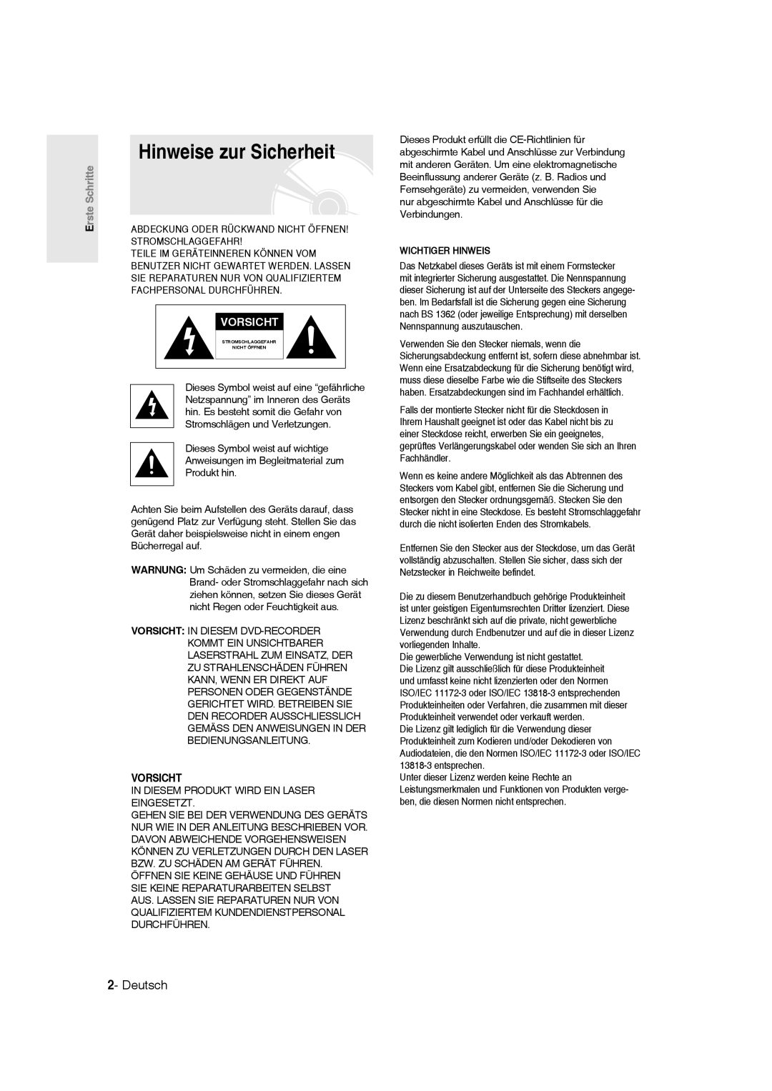 Samsung DVD-R135/XEB manual Hinweise zur Sicherheit, Deutsch, Nur abgeschirmte Kabel und Anschlüsse für die Verbindungen 