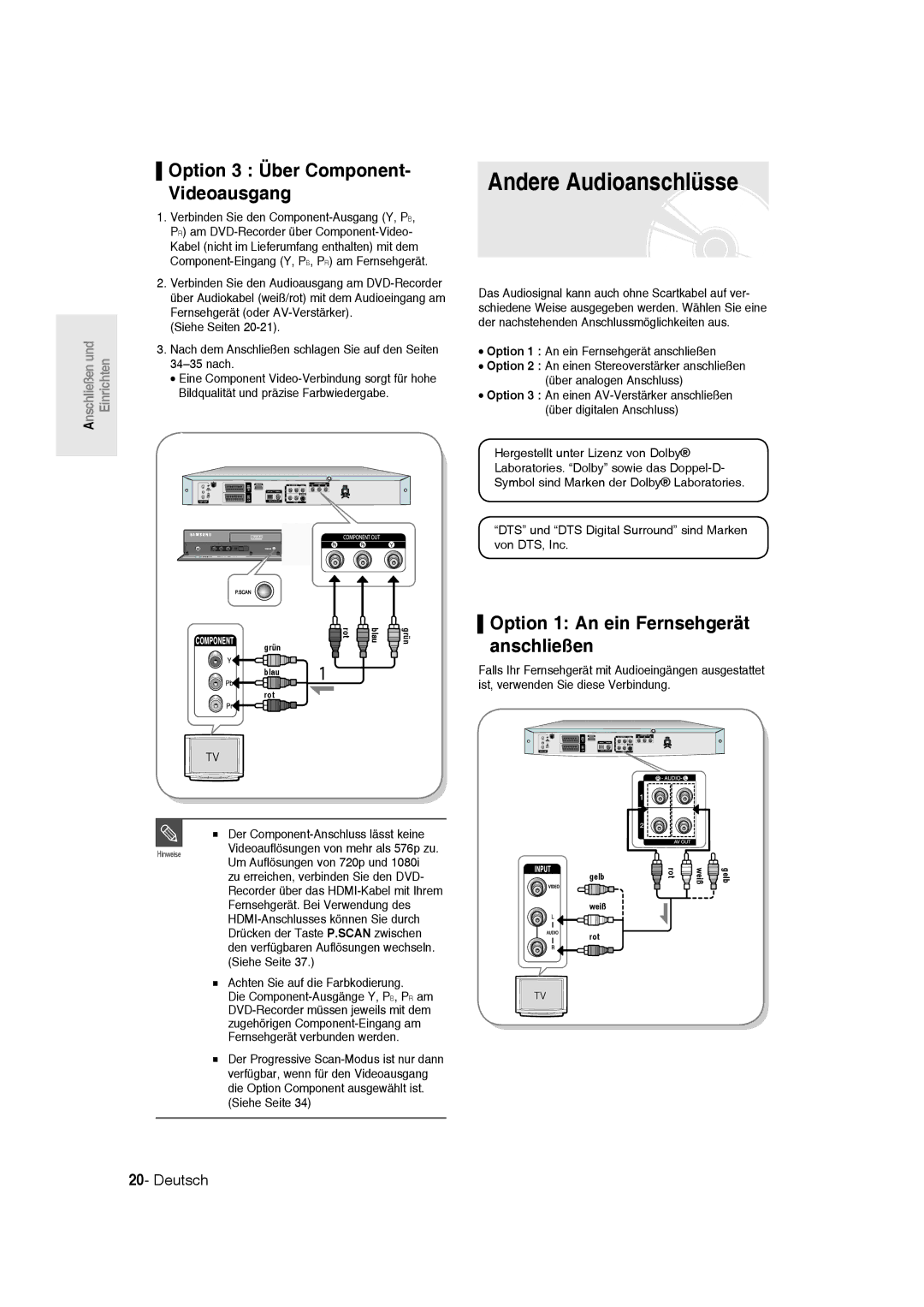 Samsung DVD-R135/XEB manual Andere Audioanschlüsse, Option 3 Über Component- Videoausgang, Option 1 An ein Fernsehgerät 