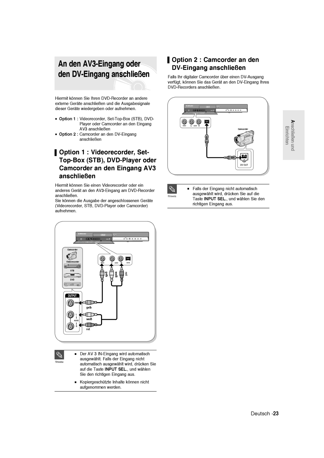 Samsung DVD-R135/XEB, DVD-R136/XEG manual Option 2 Camcorder an den DV-Eingang anschließen, AnschließendenAV3-EingangAV3oder 