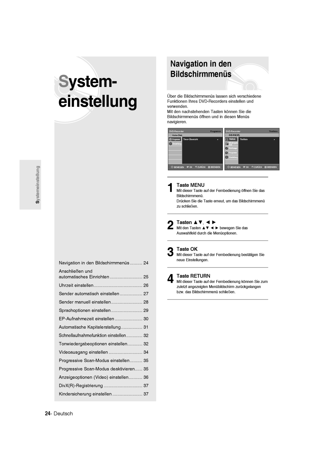 Samsung DVD-R136/XEG, DVD-R135/XEG manual Navigation in den Bildschirmmenüs, Taste Menu, Tasten, Taste OK, Taste Return 