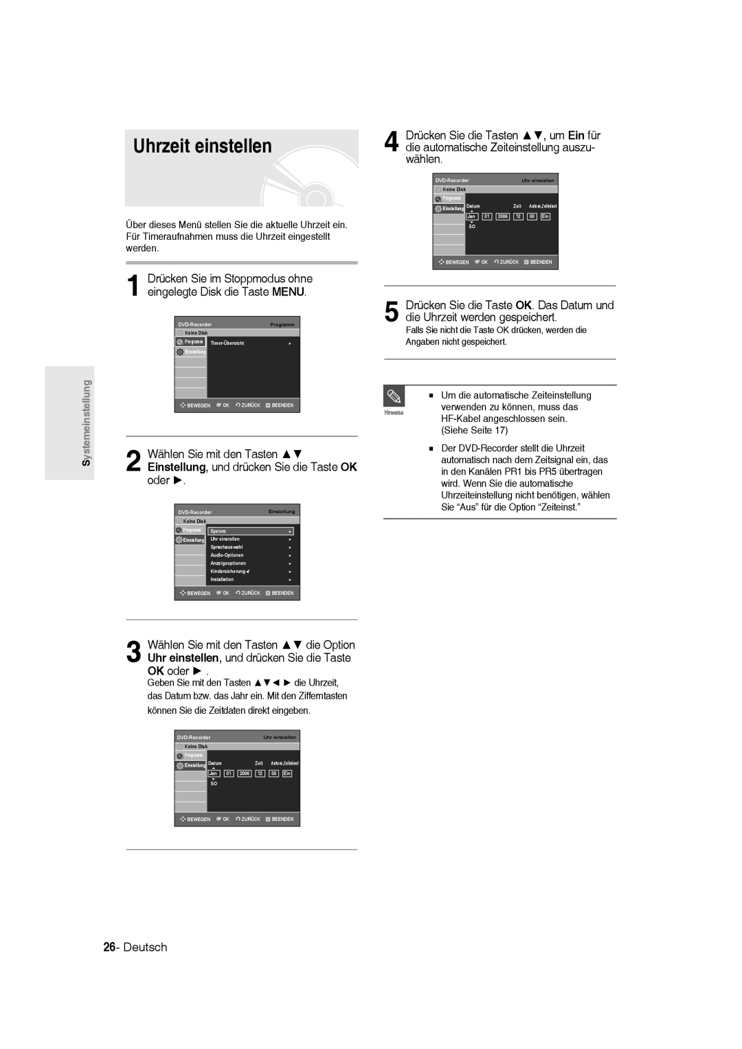 Samsung DVD-R135/XEB, DVD-R136/XEG, DVD-R135/XEG manual Uhrzeit einstellen, DVD-RecorderEinstellung 