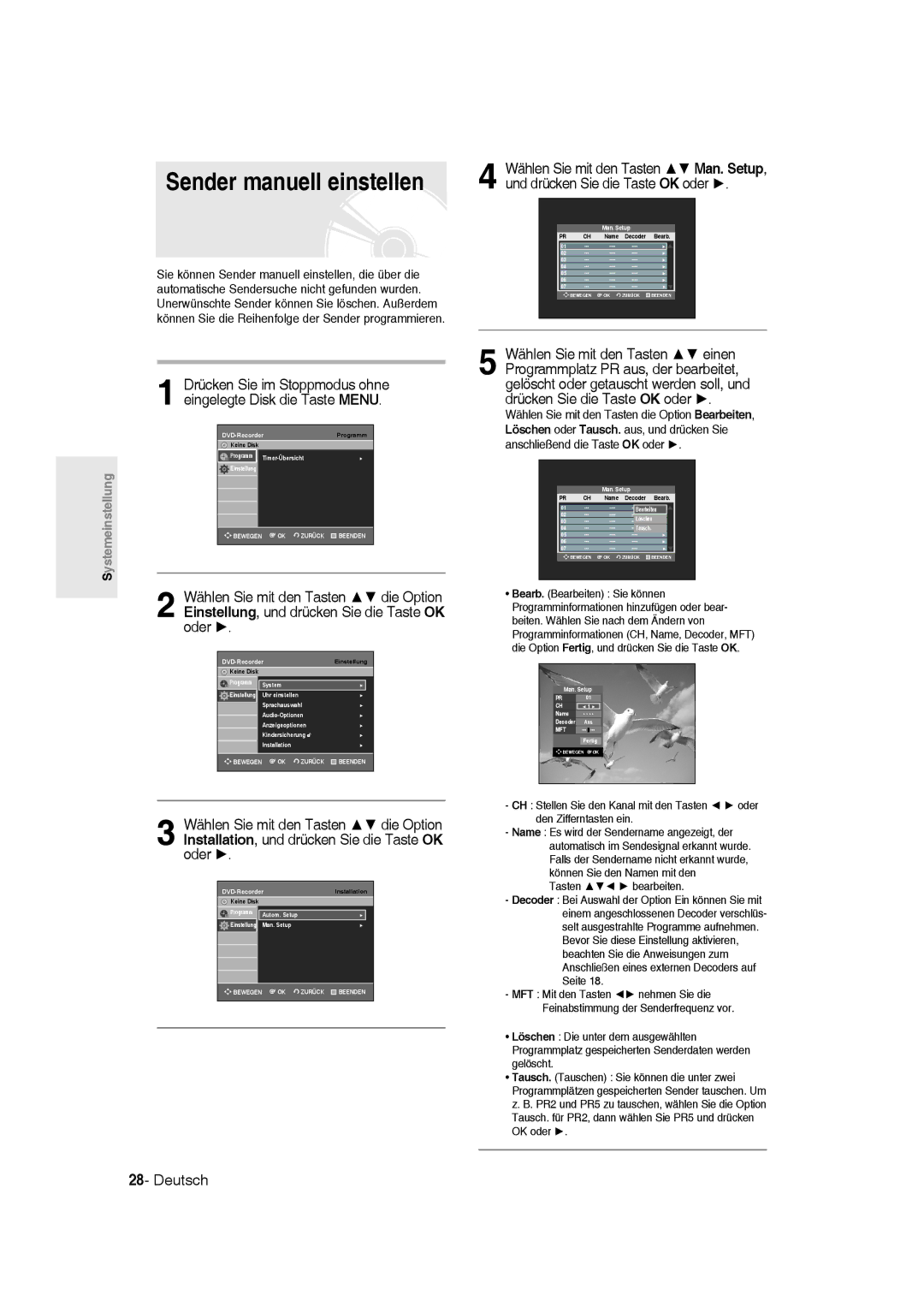 Samsung DVD-R135/XEG, DVD-R136/XEG, DVD-R135/XEB manual Sender manuell einstellen, Tasten bearbeiten 