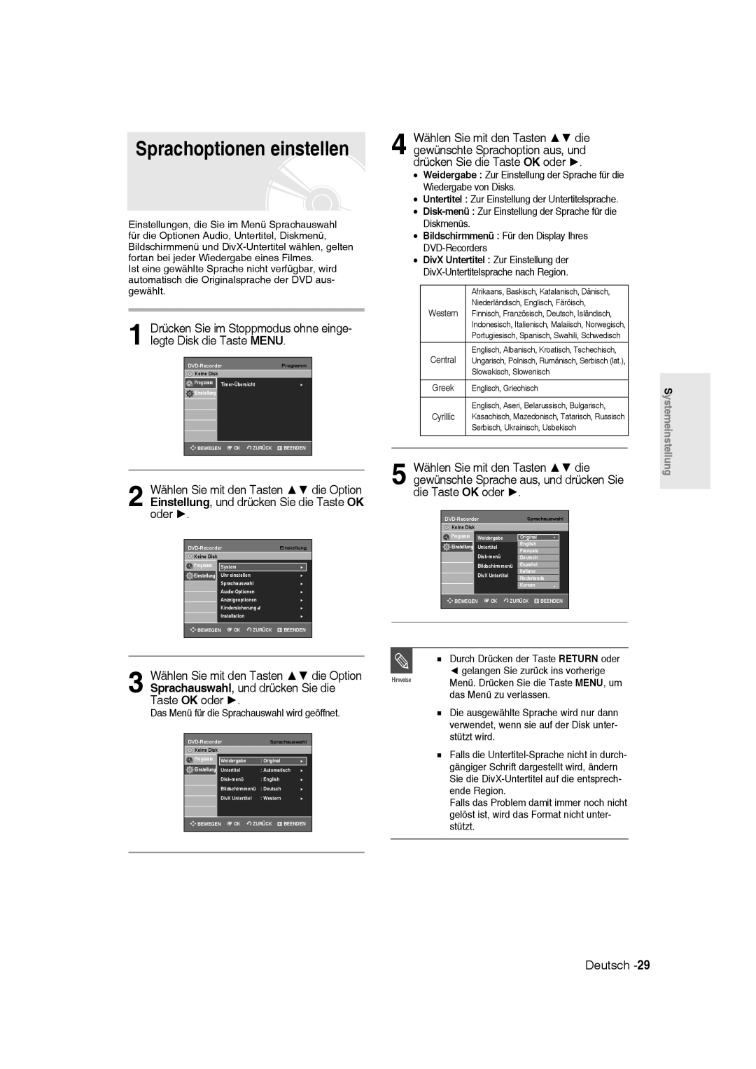 Samsung DVD-R135/XEB, DVD-R136/XEG manual Sprachoptionen einstellen, Bildschirmmenü Für den Display Ihres DVD-Recorders 