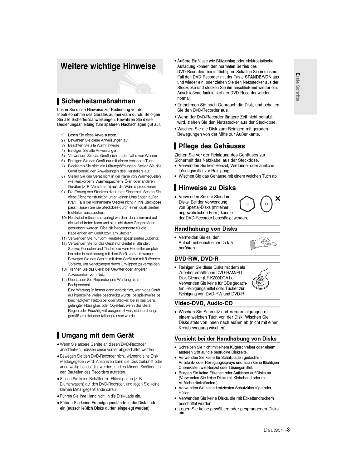 Samsung DVD-R136/XEG manual Weitere wichtige Hinweise, Sicherheitsmaßnahmen, Umgang mit dem Gerät, Pflege des Gehäuses 