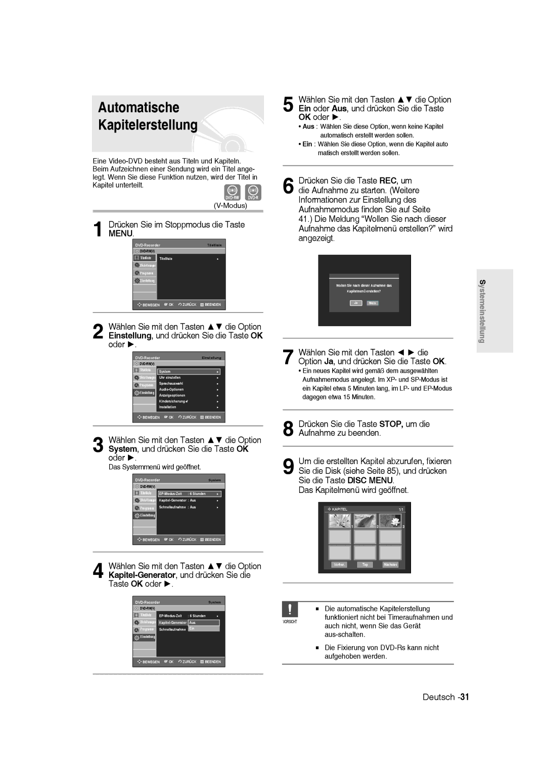 Samsung DVD-R135/XEG, DVD-R136/XEG, DVD-R135/XEB VAutomatische Kapitelerstellung, Drücken Sie im Stoppmodus die Taste Menu 