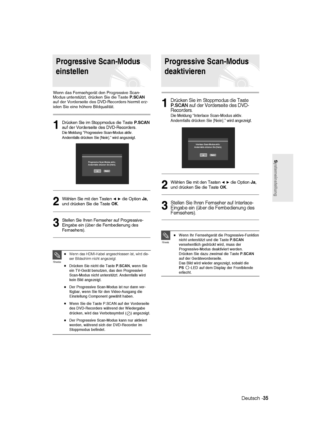 Samsung DVD-R135/XEB, DVD-R136/XEG, DVD-R135/XEG manual Progressive Scan-Modus einstellen 