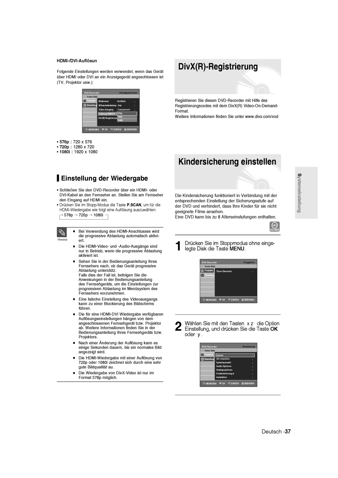 Samsung DVD-R135/XEG manual DivXR-Registrierung, Kindersicherung einstellen, Einstellung der Wiedergabe, HDMI-/DVI-Auflösun 