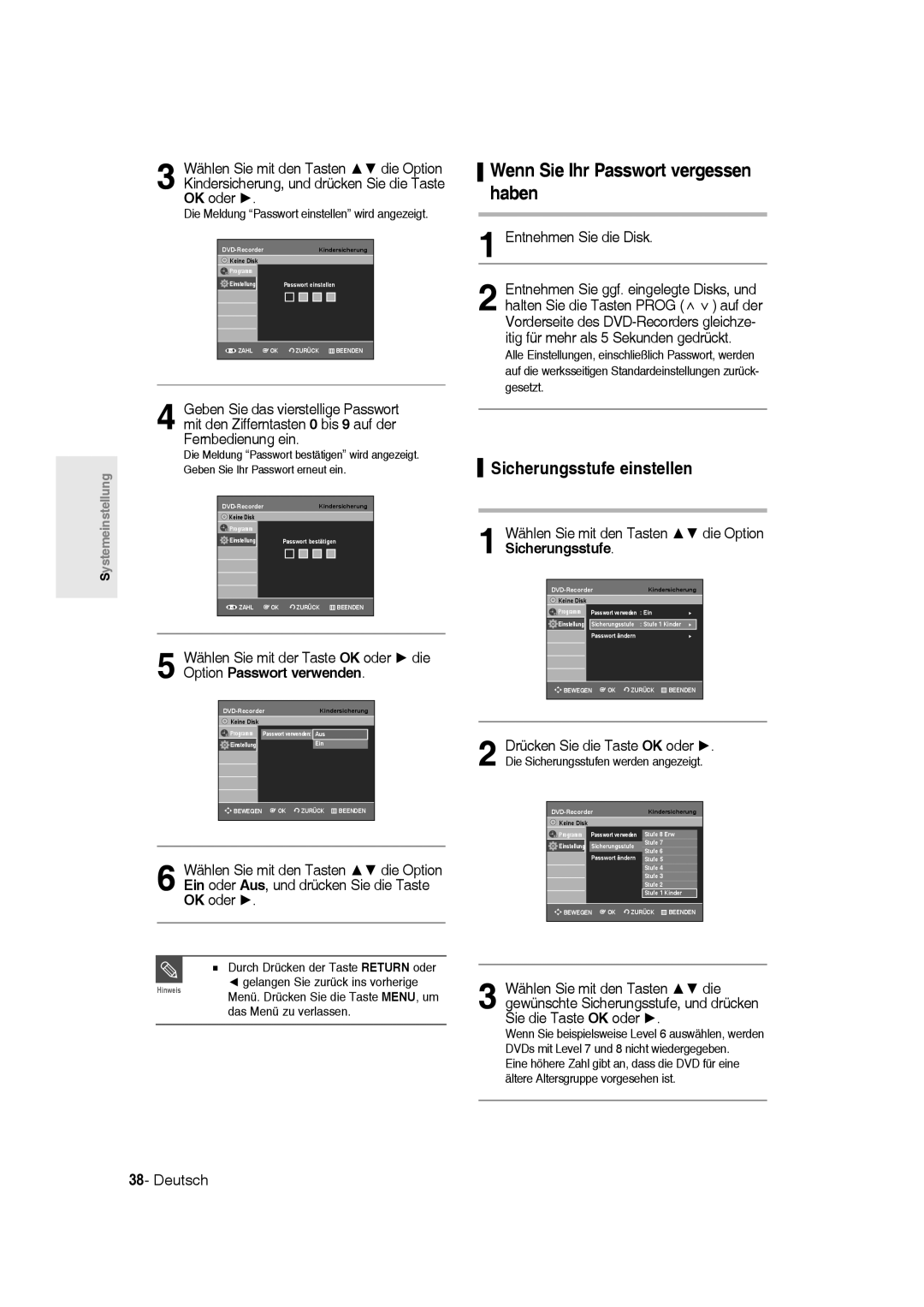 Samsung DVD-R135/XEB, DVD-R136/XEG, DVD-R135/XEG manual Wenn Sie Ihr Passwort vergessen haben, Entnehmen Sie die Disk 