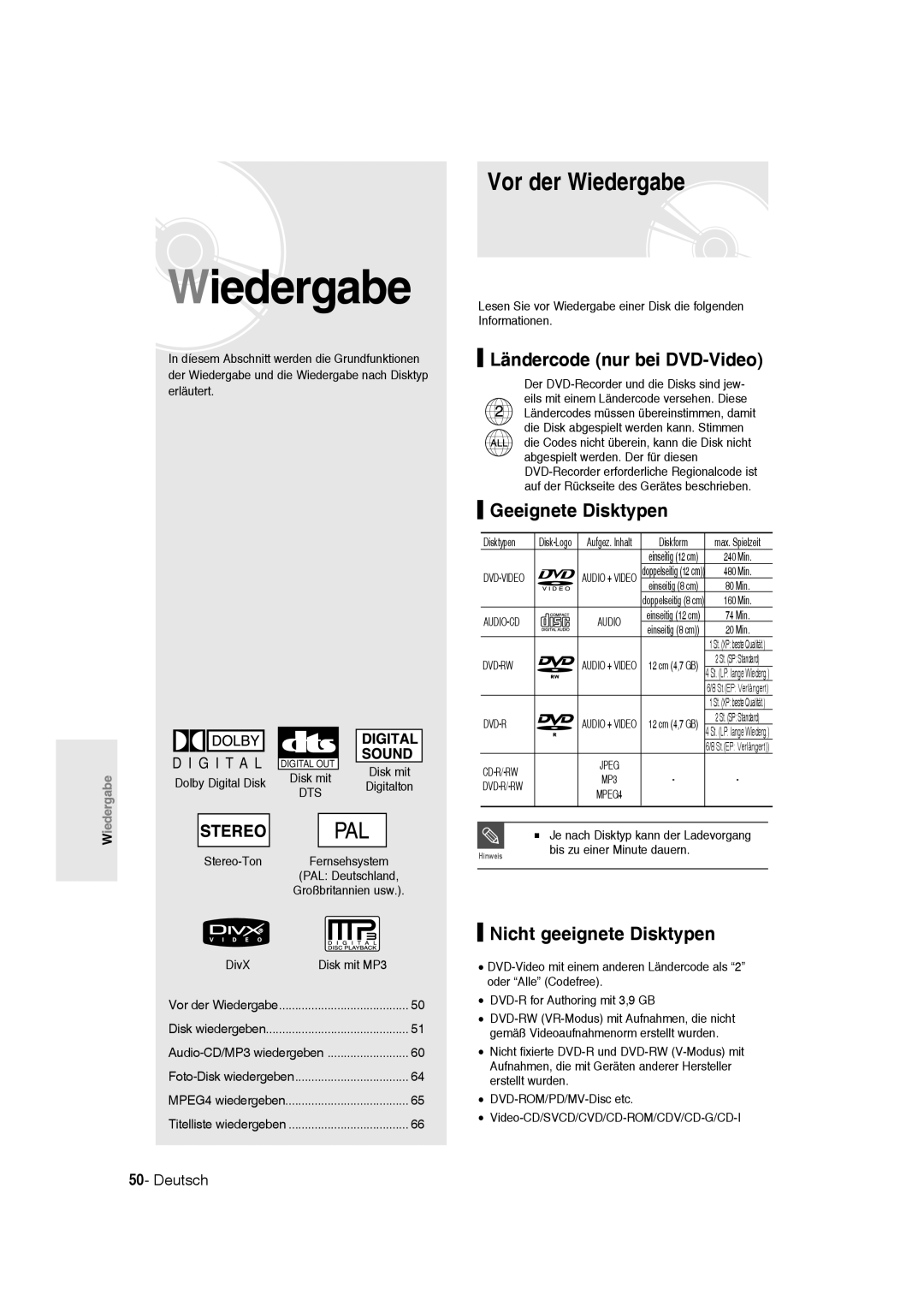 Samsung DVD-R135/XEB Vor der Wiedergabe, Ländercode nur bei DVD-Video, Geeignete Disktypen, Nicht geeignete Disktypen 