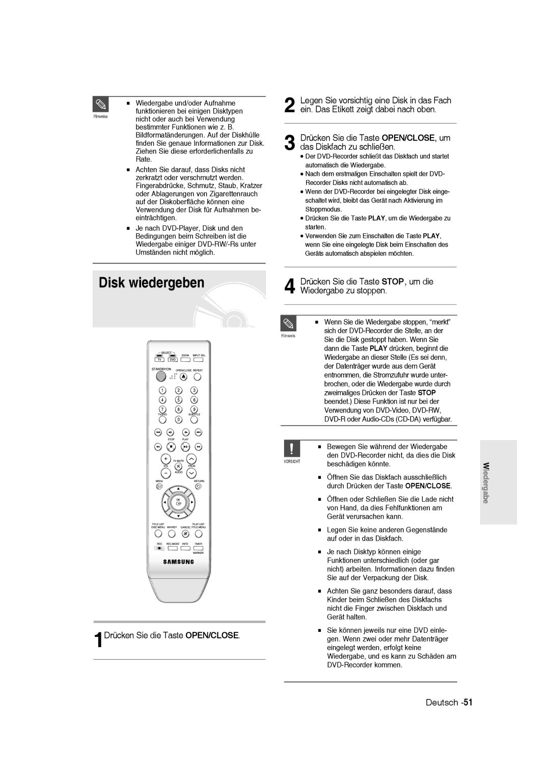 Samsung DVD-R136/XEG, DVD-R135/XEG, DVD-R135/XEB manual Disk wiedergeben 