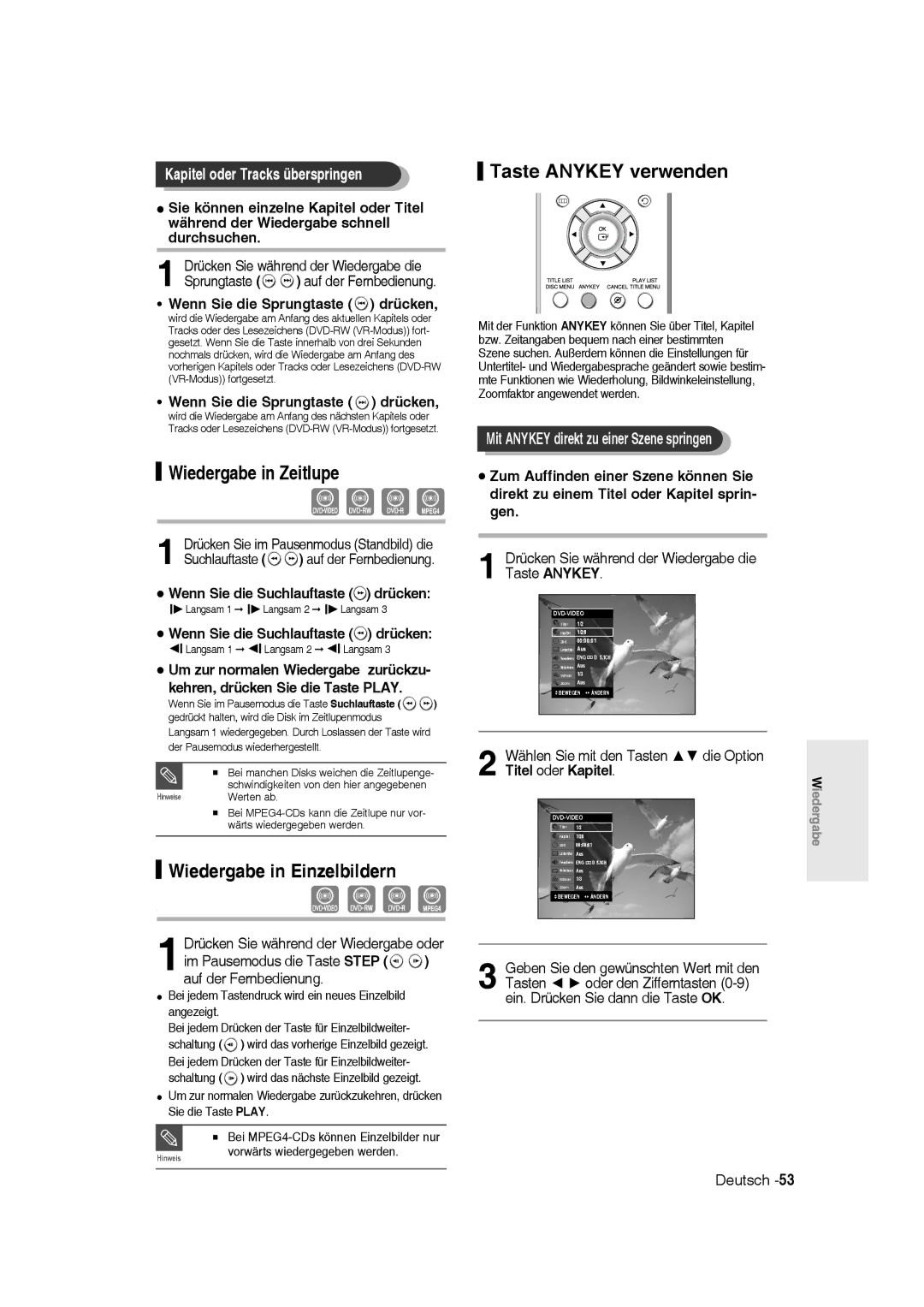 Samsung DVD-R135/XEB, DVD-R136/XEG manual Wiedergabe in Zeitlupe, Wiedergabe in Einzelbildern, Taste Anykey verwenden 