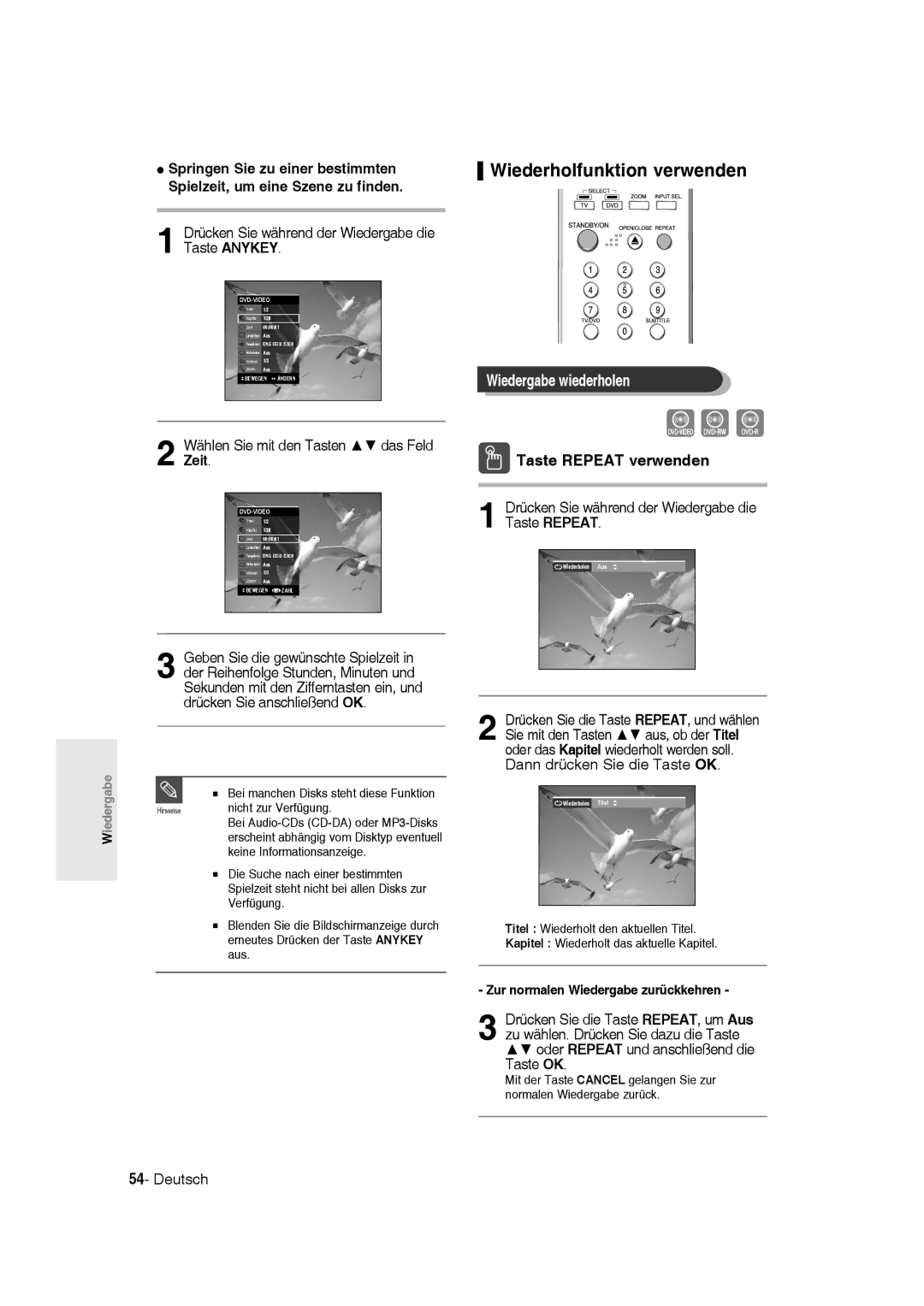 Samsung DVD-R136/XEG, DVD-R135/XEG manual Wiederholfunktion verwenden, Wiedergabe wiederholen, Taste Repeat verwenden 