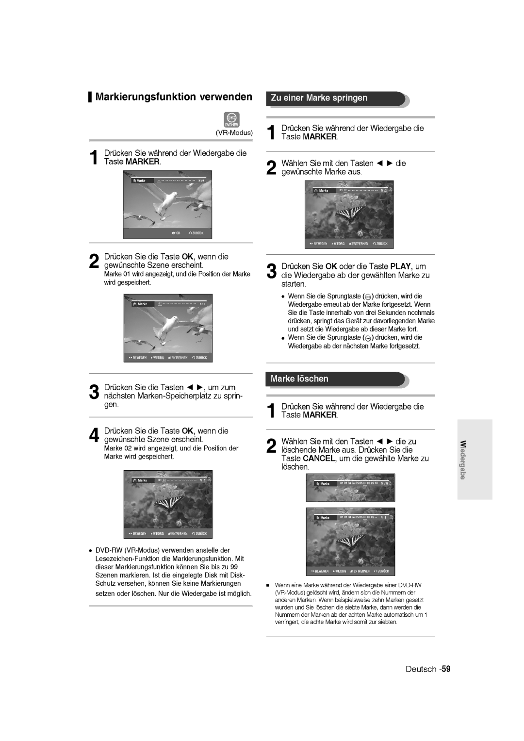 Samsung DVD-R135/XEB, DVD-R136/XEG manual Markierungsfunktion verwenden, Zu einer Marke springen, Marke löschen, VR-Modus 