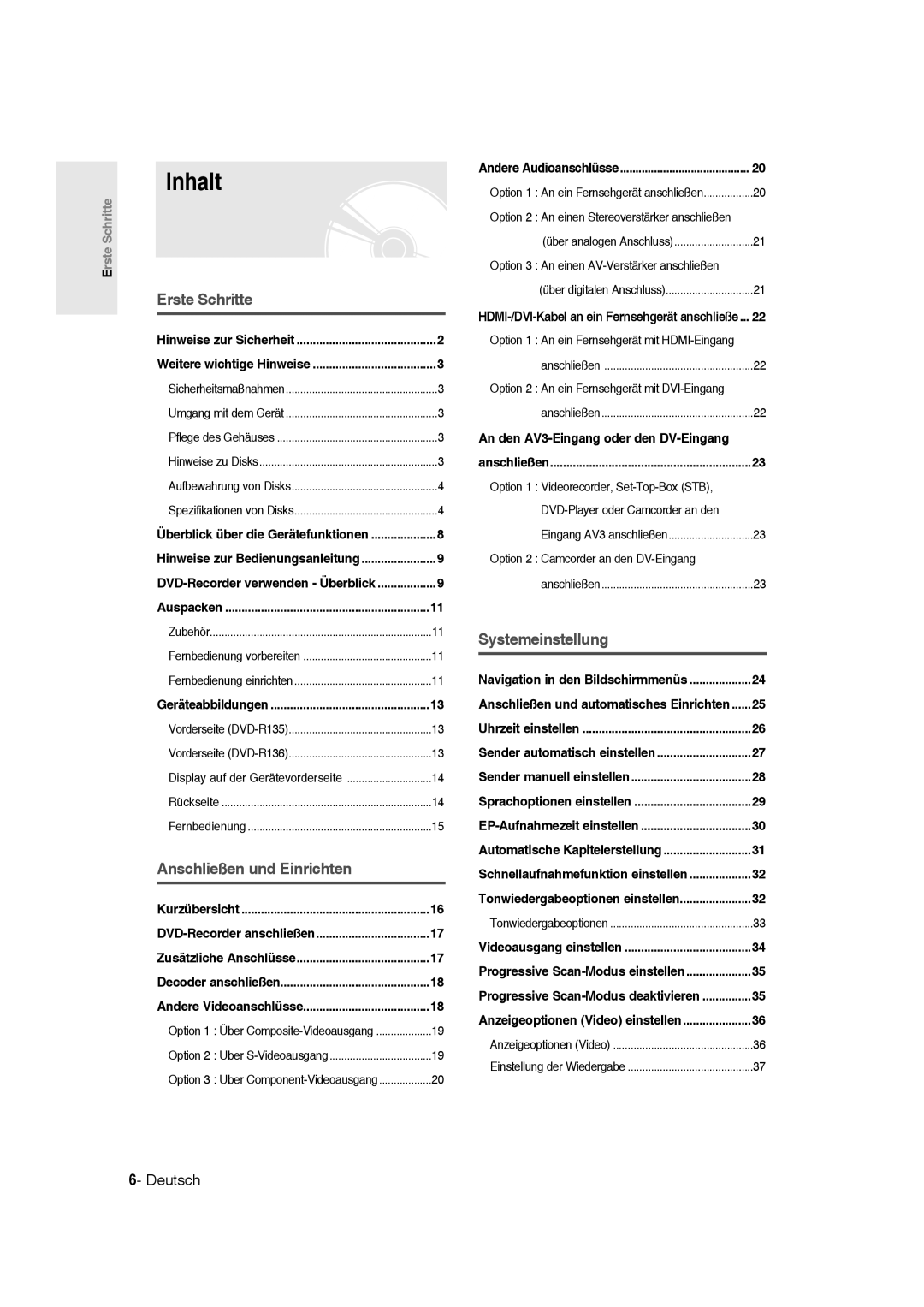 Samsung DVD-R136/XEG manual Inhalt, An den AV3-Eingang oder den DV-Eingang, Anschließen, Anzeigeoptionen Video einstellen 