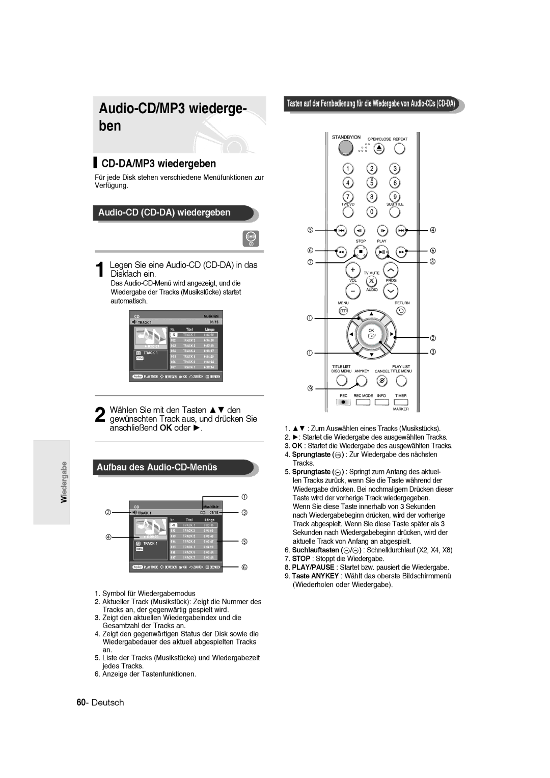 Samsung DVD-R136/XEG, DVD-R135/XEG manual Audio-CD/MP3 wiederge- ben, CD-DA/MP3 wiedergeben, Audio-CD CD-DA wiedergeben 