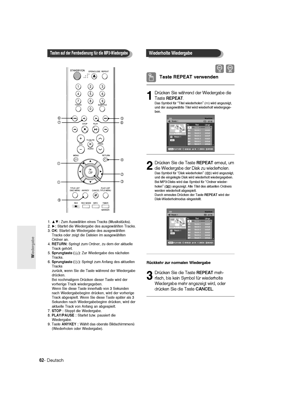 Samsung DVD-R135/XEB, DVD-R136/XEG, DVD-R135/XEG manual Wiederholte Wiedergabe, Rückkehr zur normalen Wiedergabe 