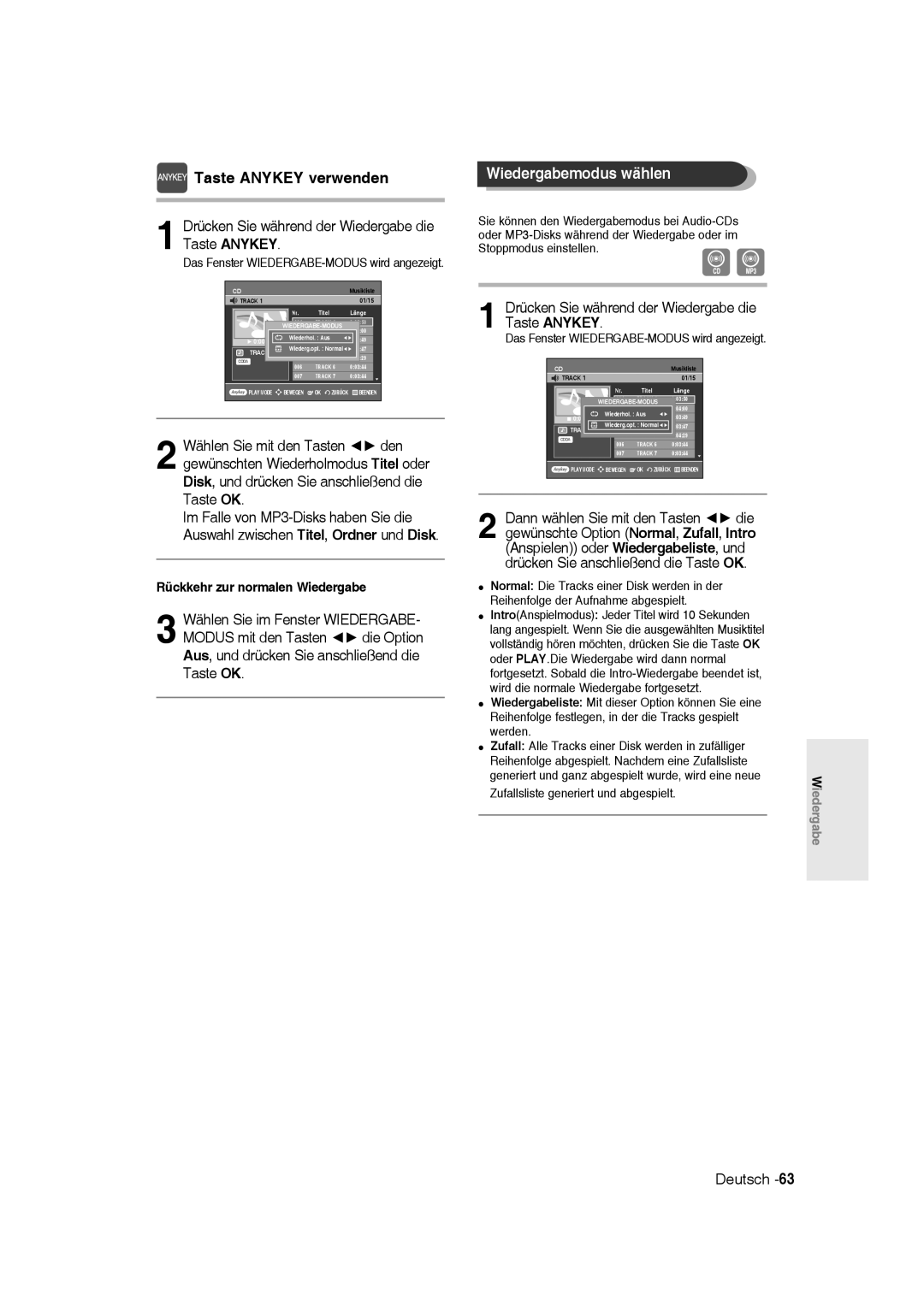 Samsung DVD-R136/XEG, DVD-R135/XEG, DVD-R135/XEB manual Wiedergabemodus wählen, Das Fenster WIEDERGABE-MODUS wird angezeigt 