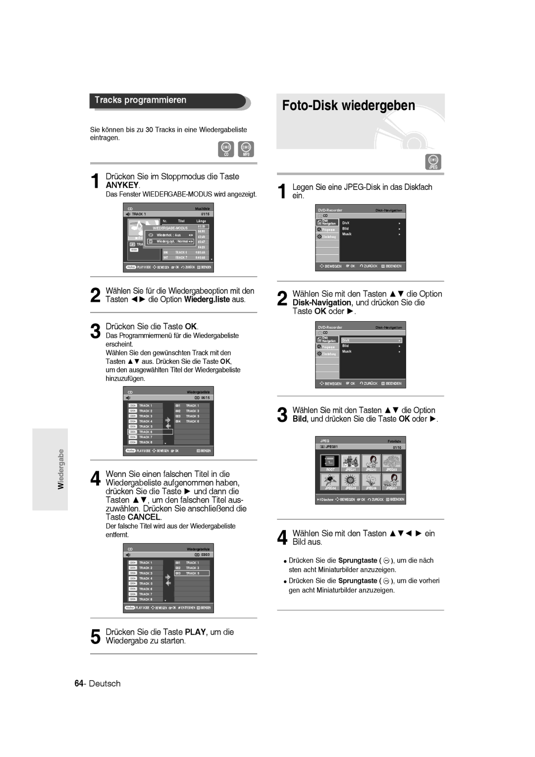 Samsung DVD-R135/XEG, DVD-R136/XEG Foto-Disk wiedergeben, Tracks programmieren, Wählen Sie mit den Tasten ein Bild aus 