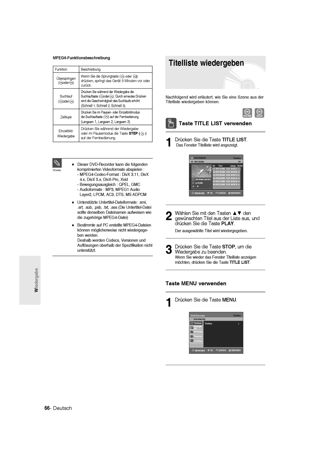 Samsung DVD-R136/XEG Titelliste wiedergeben, Taste Title List verwenden, Taste Menu verwenden, Drücken Sie die Taste Menu 