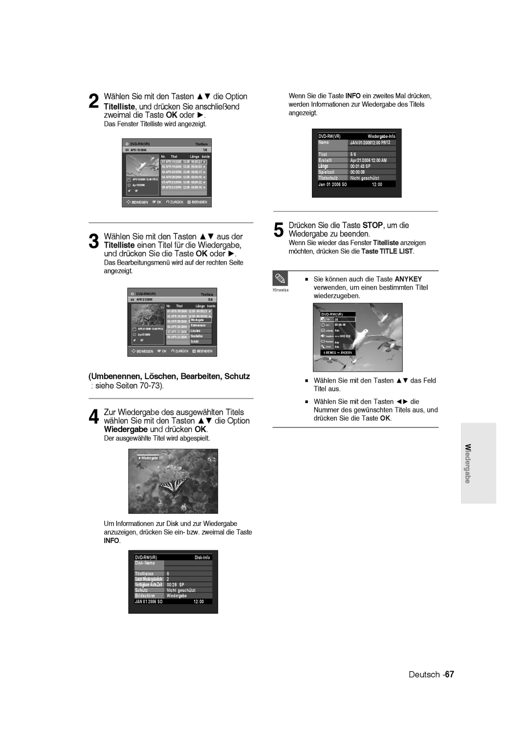 Samsung DVD-R135/XEG manual Siehe Seiten, Umbenennen, Löschen, Bearbeiten, Schutz, Das Fenster Titelliste wird angezeigt 