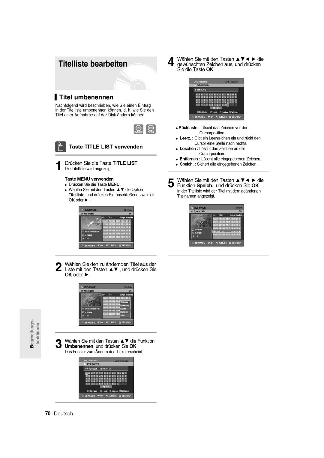 Samsung DVD-R135/XEG, DVD-R136/XEG, DVD-R135/XEB manual Titelliste bearbeiten, Titel umbenennen, Taste Menu verwenden 