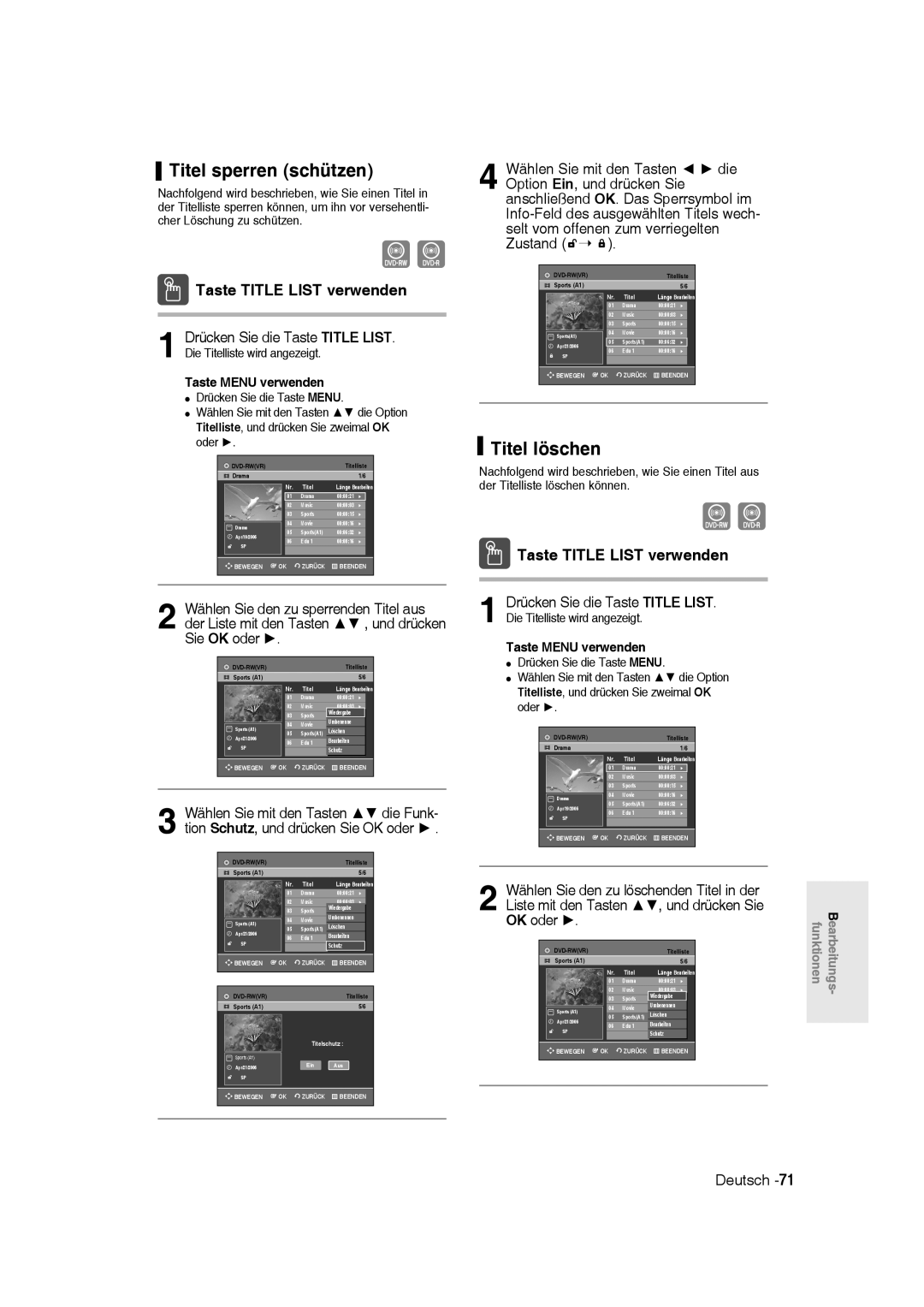 Samsung DVD-R135/XEB, DVD-R136/XEG, DVD-R135/XEG manual Titel sperren schützen, Titel löschen, Zustand 