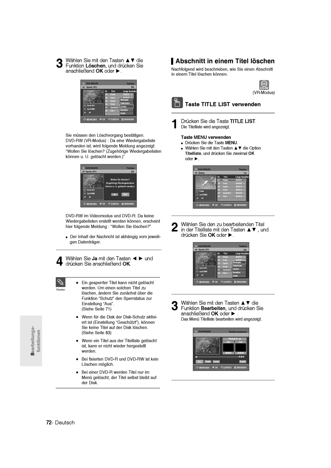 Samsung DVD-R136/XEG, DVD-R135/XEG, DVD-R135/XEB Abschnitt in einem Titel löschen, Ein gesperrter Titel kann nicht gelöscht 