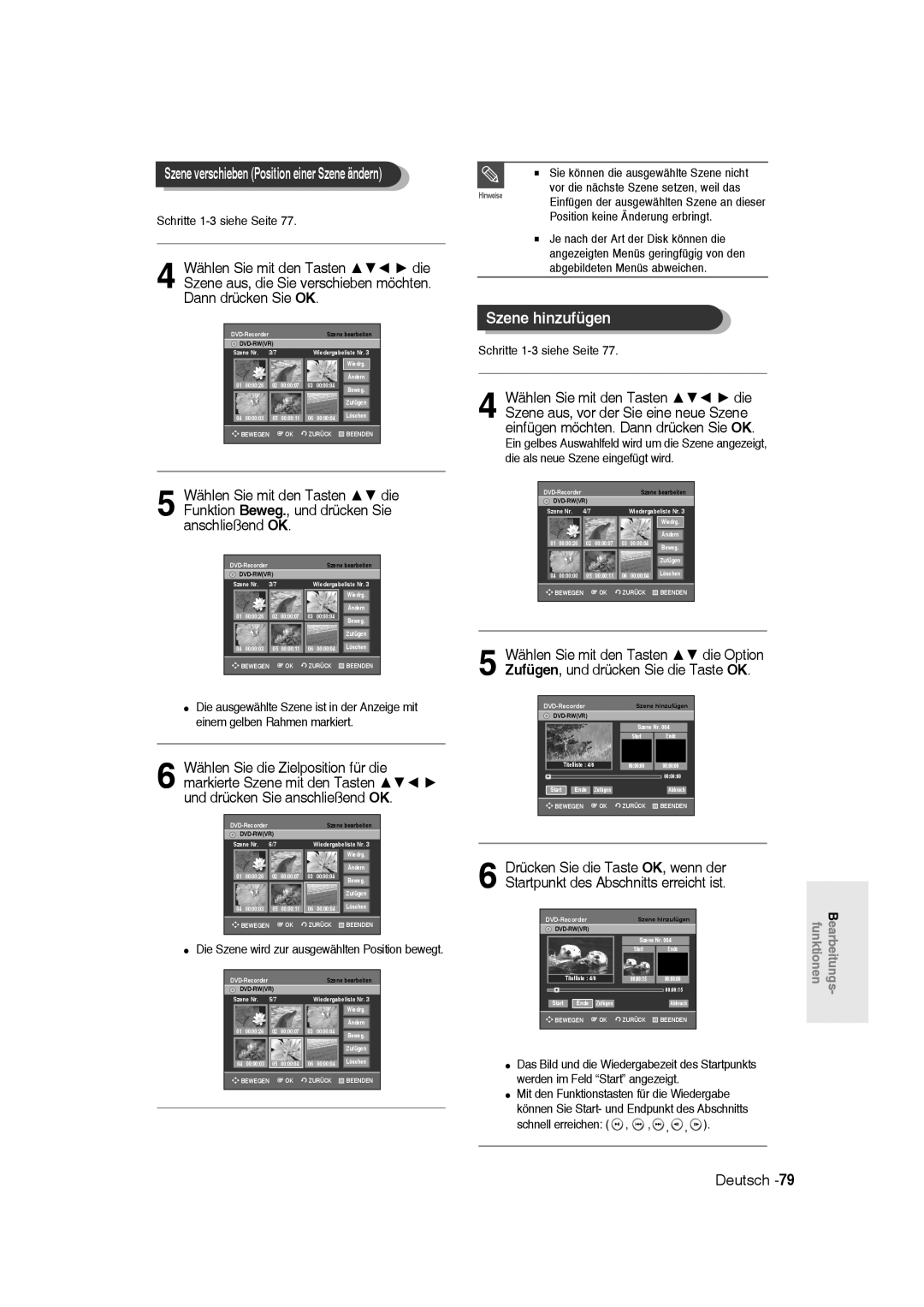 Samsung DVD-R135/XEG, DVD-R136/XEG Szene hinzufügen, Die Szene wird zur ausgewählten Position bewegt, Schnell erreichen 