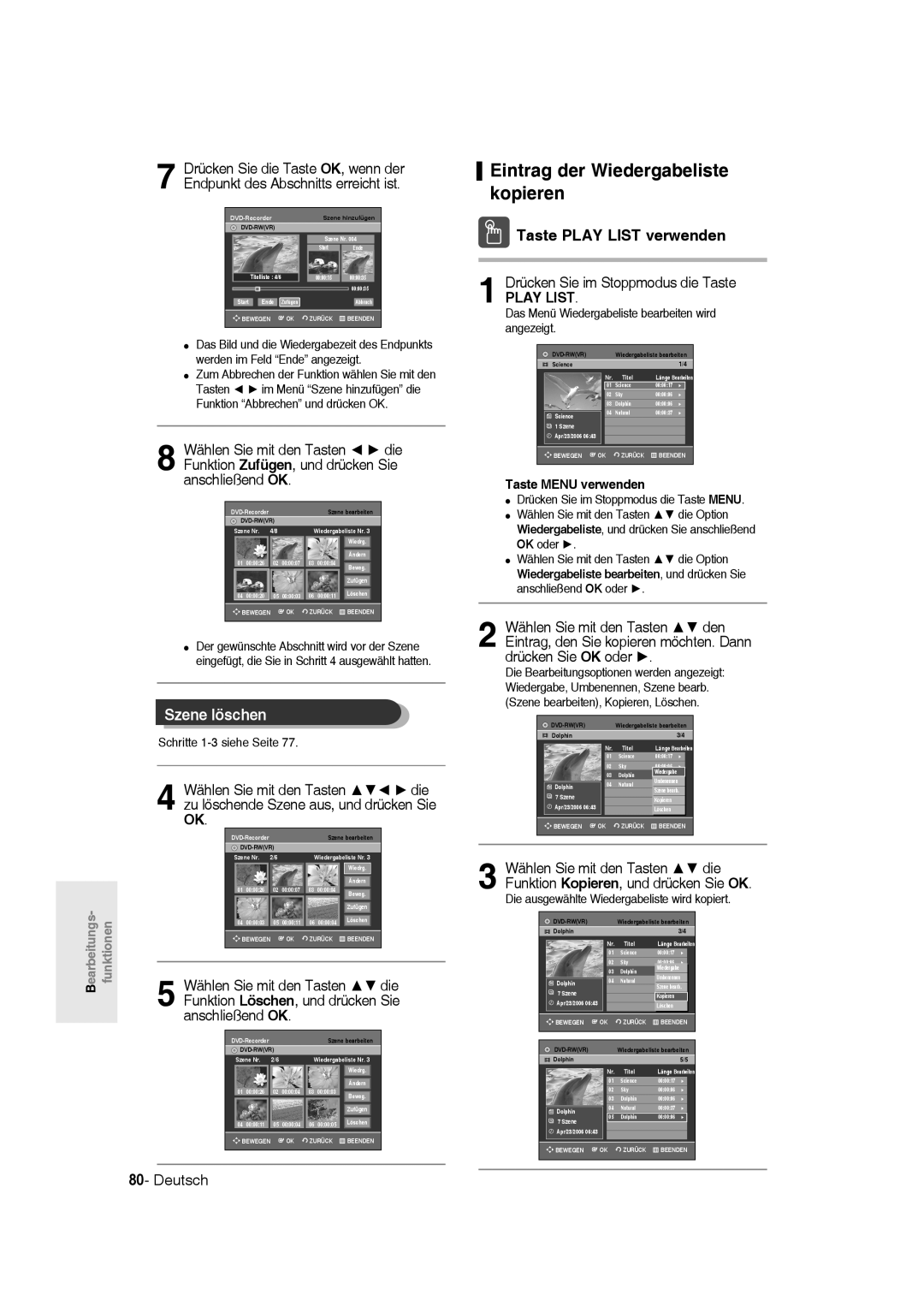 Samsung DVD-R135/XEB, DVD-R136/XEG manual Eintrag der Wiedergabeliste kopieren, Szene löschen, Taste Play List verwenden 